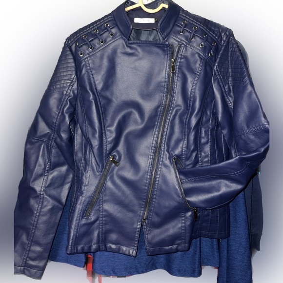 NIB Dark Blue Laced-Shoulder Moto Jacket, Size L - Picture 2 of 5